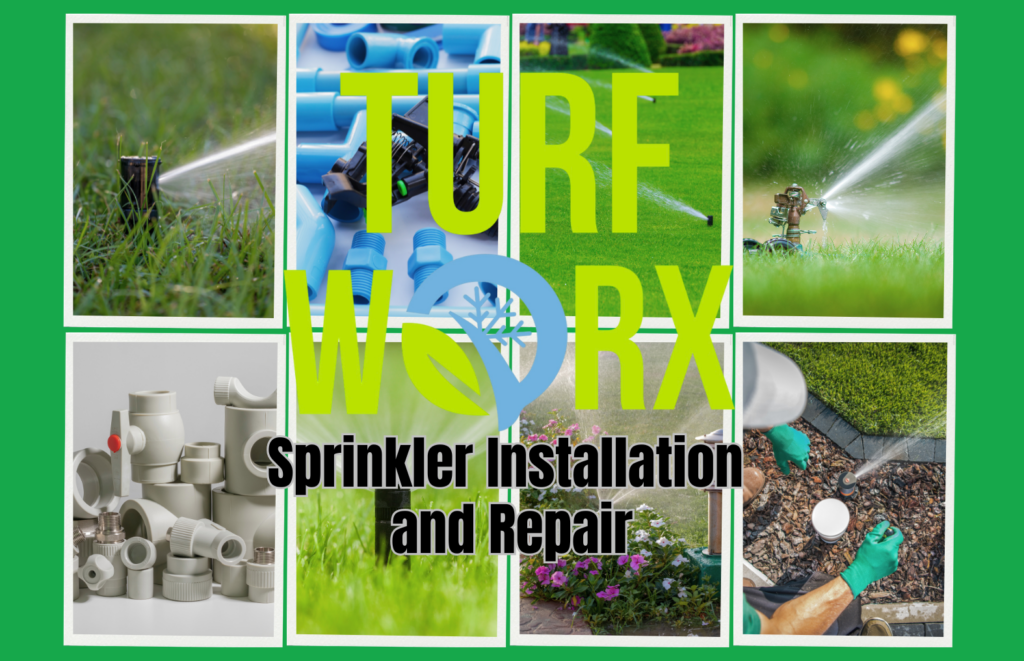 Professional sprinkler installation and repair services by Turf Worx in Utah, featuring a collage of a lush green lawn and irrigation technicians at work.