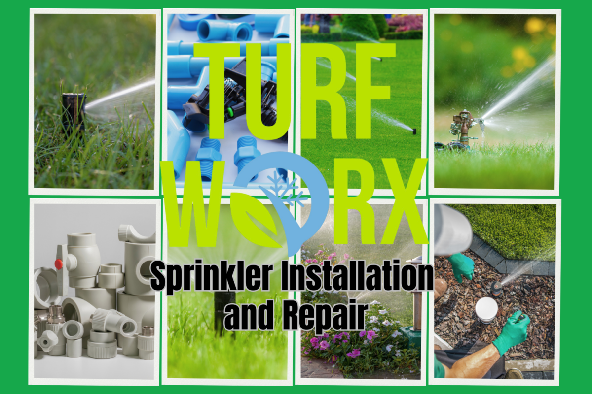 Professional sprinkler installation and repair services by Turf Worx in Utah, featuring a collage of a lush green lawn and irrigation technicians at work.