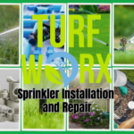 Professional sprinkler installation and repair services by Turf Worx in Utah, featuring a collage of a lush green lawn and irrigation technicians at work.