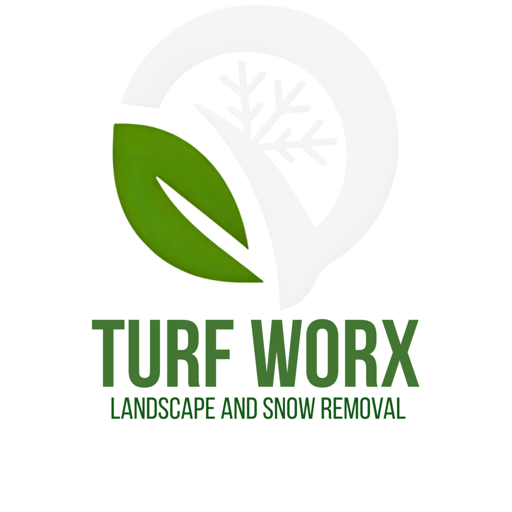 Turf Worx round logo with half circle and a snowflake inside of the circle, a green leaf to the left of the half circle, Turf Worx name in bold font and Landscape and Snow Removal