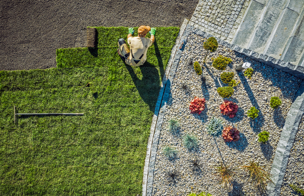 A vibrant collage featuring residential landscape installation stages by Turf Worx, including a tractor moving rich topsoil, automatic sprinklers watering a lawn, a fresh roll of green sod being laid, and a beautifully manicured grass yard with blooming spring flower beds. Landscape enhancement services