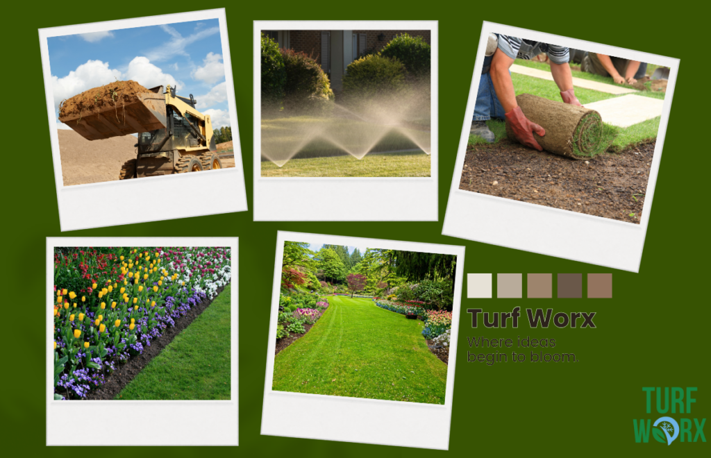 A vibrant collage featuring residential landscape installation stages by Turf Worx, including a tractor moving rich topsoil, automatic sprinklers watering a lawn, a fresh roll of green sod being laid, and a beautifully manicured grass yard with blooming spring flower beds.