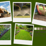 A vibrant collage featuring residential landscape installation stages by Turf Worx, including a tractor moving rich topsoil, automatic sprinklers watering a lawn, a fresh roll of green sod being laid, and a beautifully manicured grass yard with blooming spring flower beds.