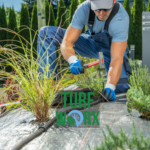 Professional landscape contractor installing irrigation and new grass sod for a residential yard installation service.