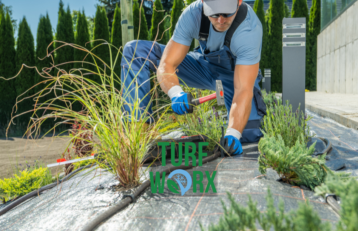 Professional landscape contractor installing irrigation and new grass sod for a residential yard installation service.